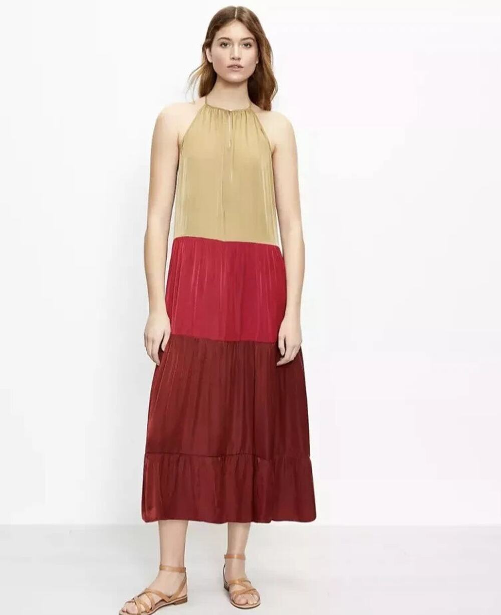 LOFT Beach Women's XXS Tiered Halter Maxi Dress Brown Burgundy Colorblock Boho